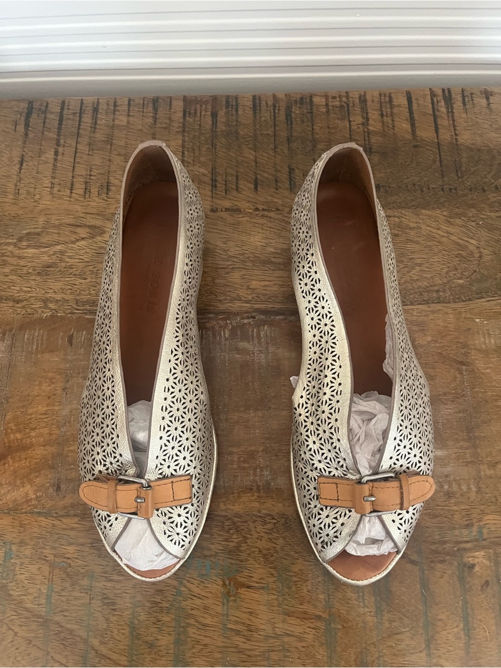 Gentle Souls Women’s Cream Laser-Cut Peep-Toe Flats with Tan Buckle Accent